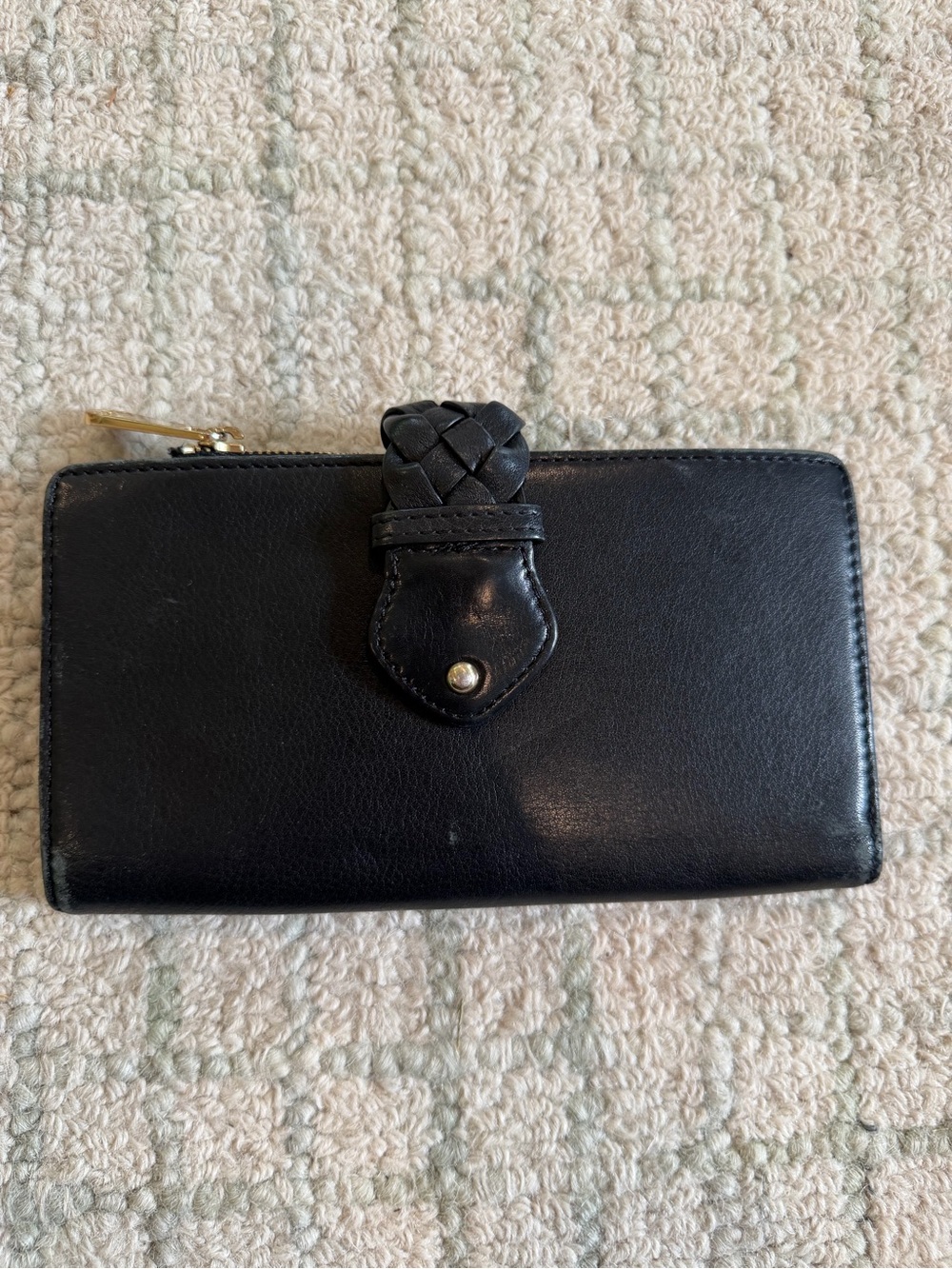 Michael Kors Black Leather Zip Wallet with Braided Tab Accent